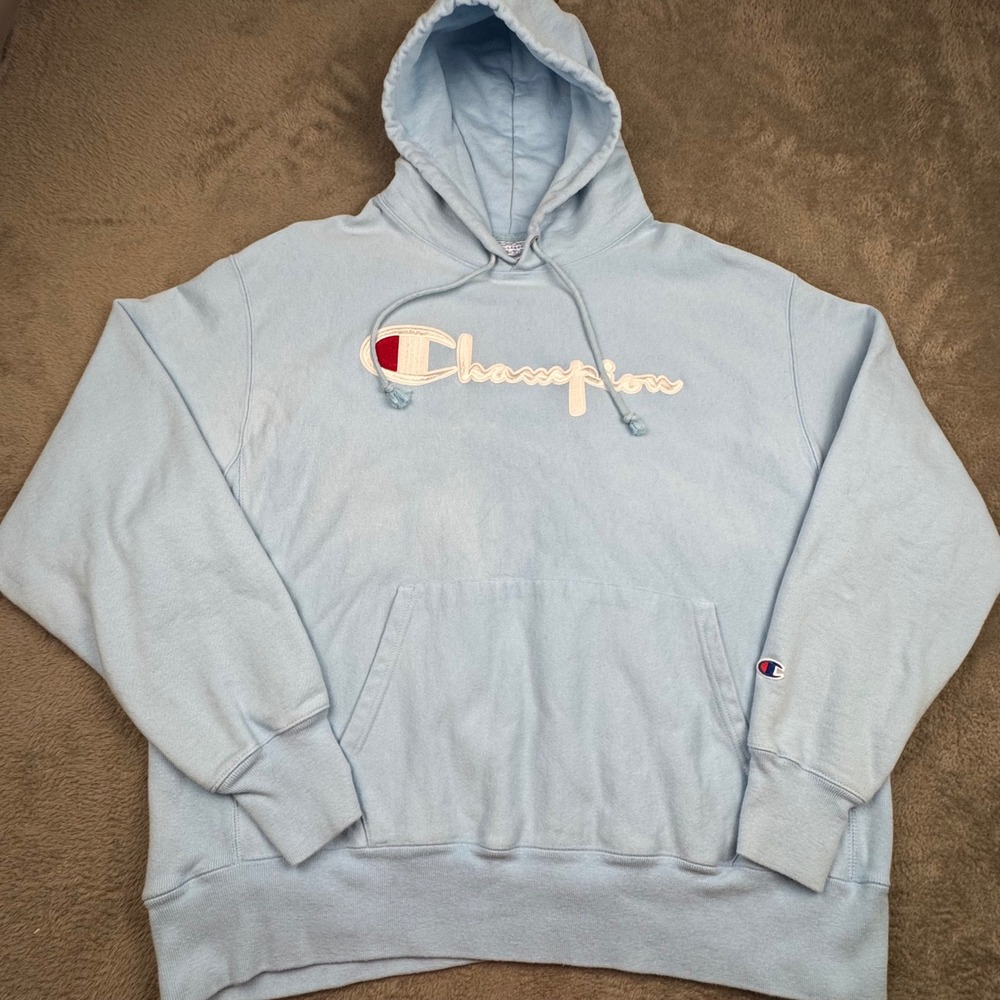 Champion Reverse Weave Hoodie Mens XL Blue Excellent Vintage Script Logo GF68 - Picture 2 of 8